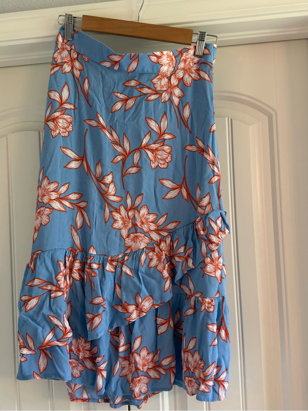 Talbots Blue Midi Skirt with Orange & White Floral Print